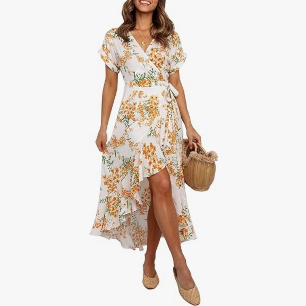 ZESICA Bohemian Floral Printed Wrap V Neck Ruffle High Low Midi Dress